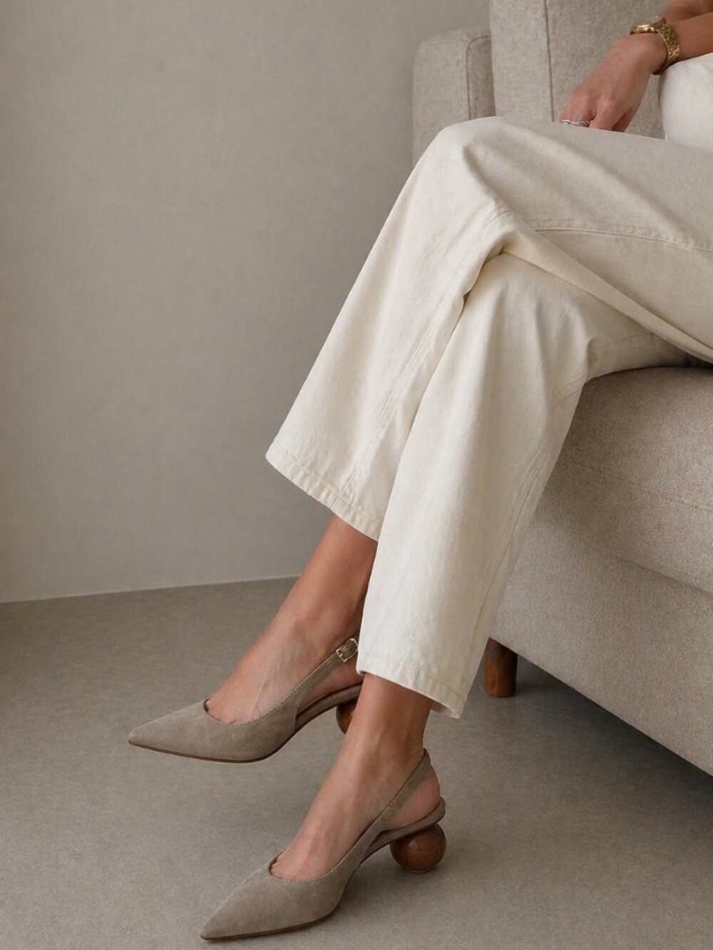 Musse Genuine Suede Bala Slingback Wood Ball Heel Beige Spain Sz. 8.5 US9
